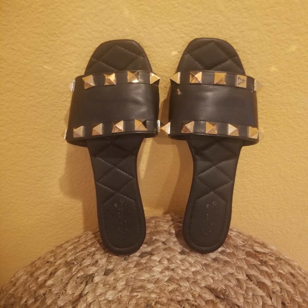 Qupid Studded Black Slide Sandals